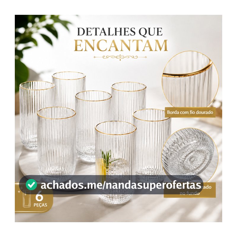 Kit 6 Copos de Vidro Versalhes Canelado 420ml Com e Sem Borda Dourada Água Suco Drink