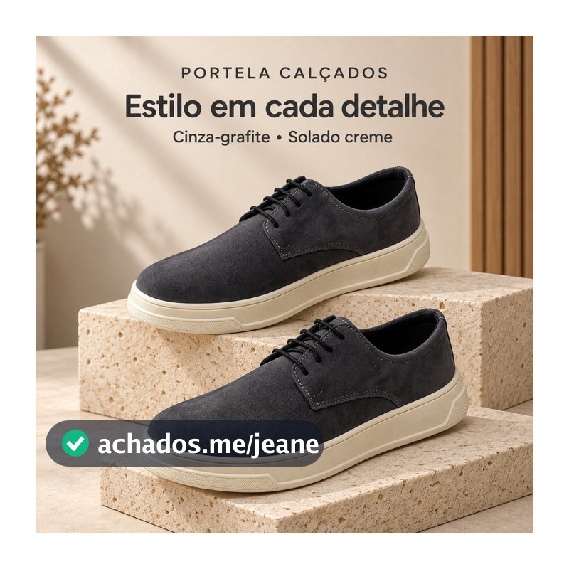 Sapato Casual Masculino Cinza Grafite em Camurça Confortável Solado Macio Micro Expandido Palmilha EVA Cadarço