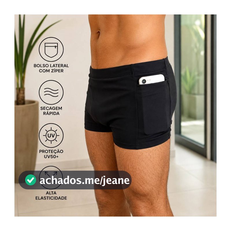 Sunga Boxer Masculina com Bolso Lateral e Zíper Cadarço Poliamida UV50+ Natação Praia Hidroginástica Secagem Rápida