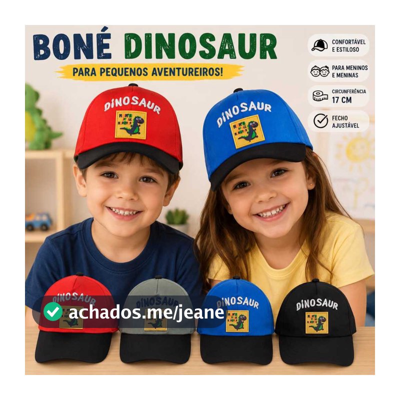 Boné Infantil Dinossauro Bordado Proteção Solar Menino e Menina Moda Criança