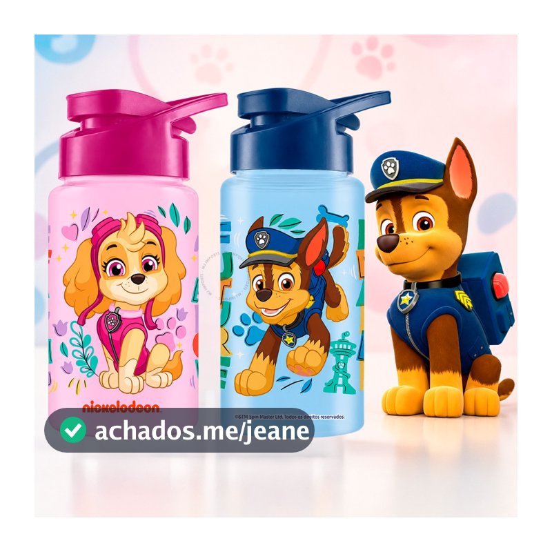 Squeeze Garrafinha Infantil Patrulha Canina Água Tampa Alça Chase Skye Lancheira Garrafa 500ml