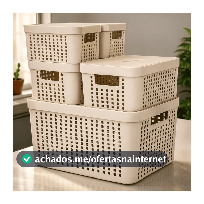Kit 5 Caixas Organizadoras com Tampa Cesto Grande de Plástico 2 Litros 4,5 Litros 17 Litros