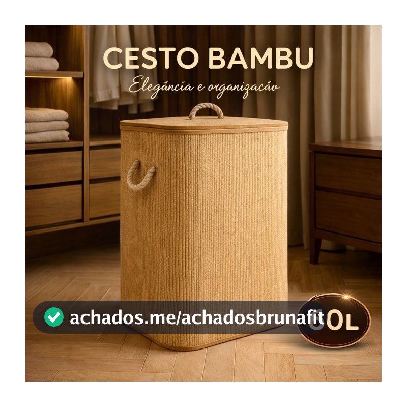 Cesto Bambu Dobrável Lyor 60l Tampa Cesto Roupa Suja Organizador Banheiro Quarto Ecológico Retangular Com Tampa E Forro