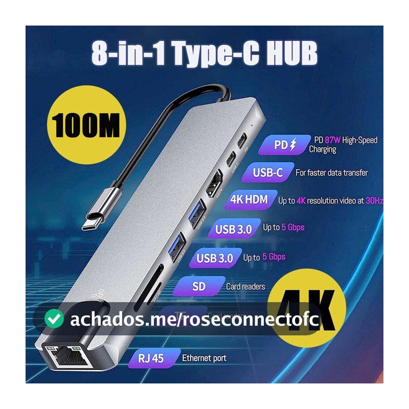 Hub USB Tipo C 7 EM 1/8 Em 1 Para 2.0 3.0 HDMI 4K RJ45 Rede SD TF Docking Station A Extensão De Alta Velocidade De Porta