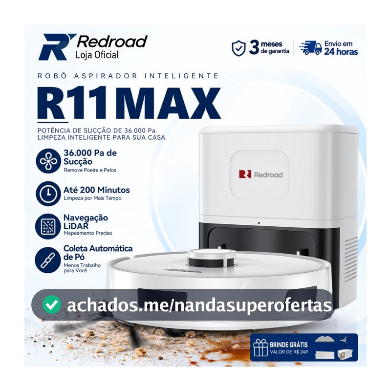 Robô Aspirador Passa Pano Redroad R11 Inteligente 20000Pa Autoesvaziável 3 em 1 App e Voz Silencioso Para Pets 127/220V