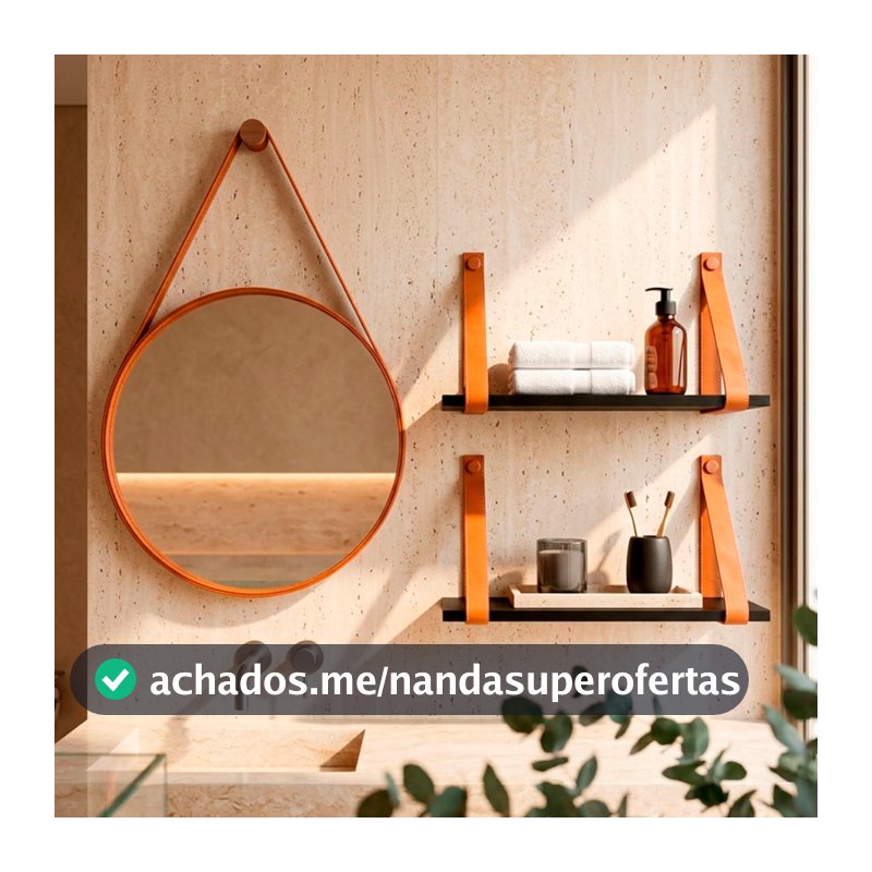 Kit Banheiro Espelho Redondo 60cm + Kit 2 Prateleiras Suspensa Com Alça Espelho Para Banheiro Quarto