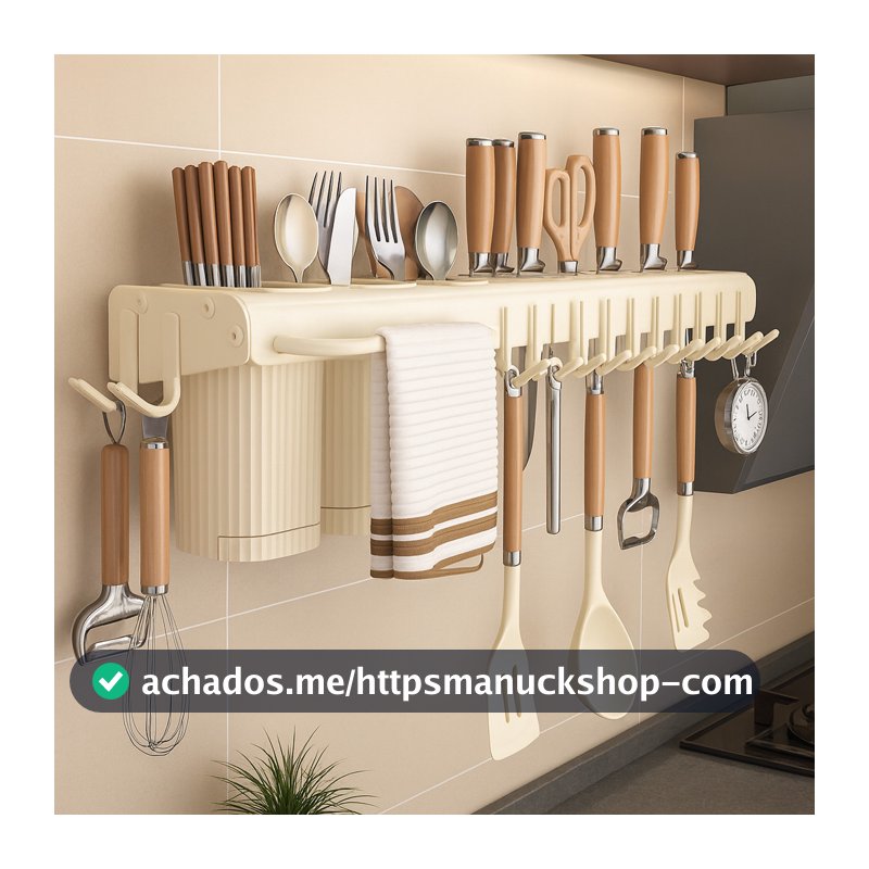 Porta Facas Prateleira Rack para Cozinha de Parede 50cm com Ganchos Toalheiro Organizador Facil de Limpar