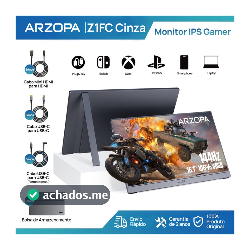 Monitor Gamer Portátil ARZOPA 16.1" 1080P, 144Hz, 106% sRGB, HDR, para Mac, PC, Switch e PlayStation