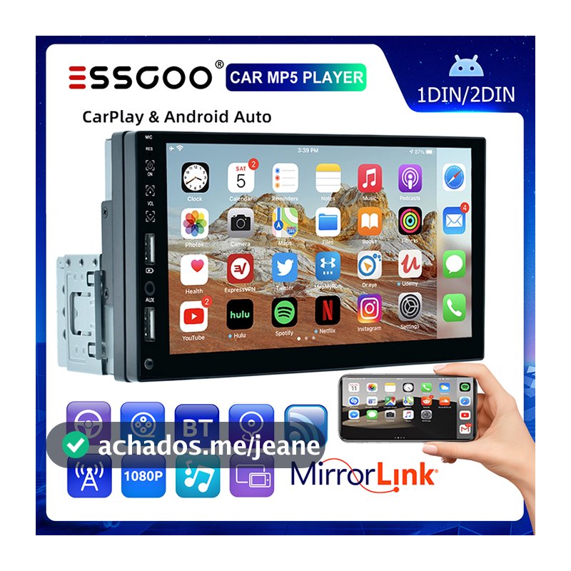 （Do São Paulo) ESSGOO Rádio De Carro 1 Din 7 " Tela Sensível Ao Toque Central Multimídia MP5 Receptor Vedio Bluetooth FM