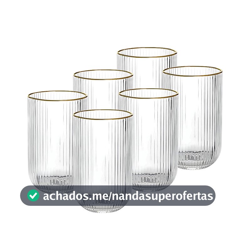 Jogo 6 Copos Canelados de Vidro Versalhes Fio de Ouro