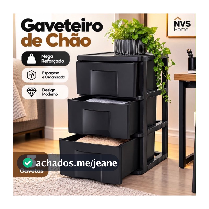 Gaveteiro De Chão 3 Gavetas Organizador Multiuso Preto Mega Reforçado Moderno Design