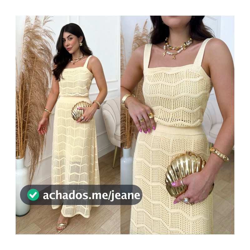 Conjunto Boho Saia Longa Rendada Cropped Tricot Moda Verão