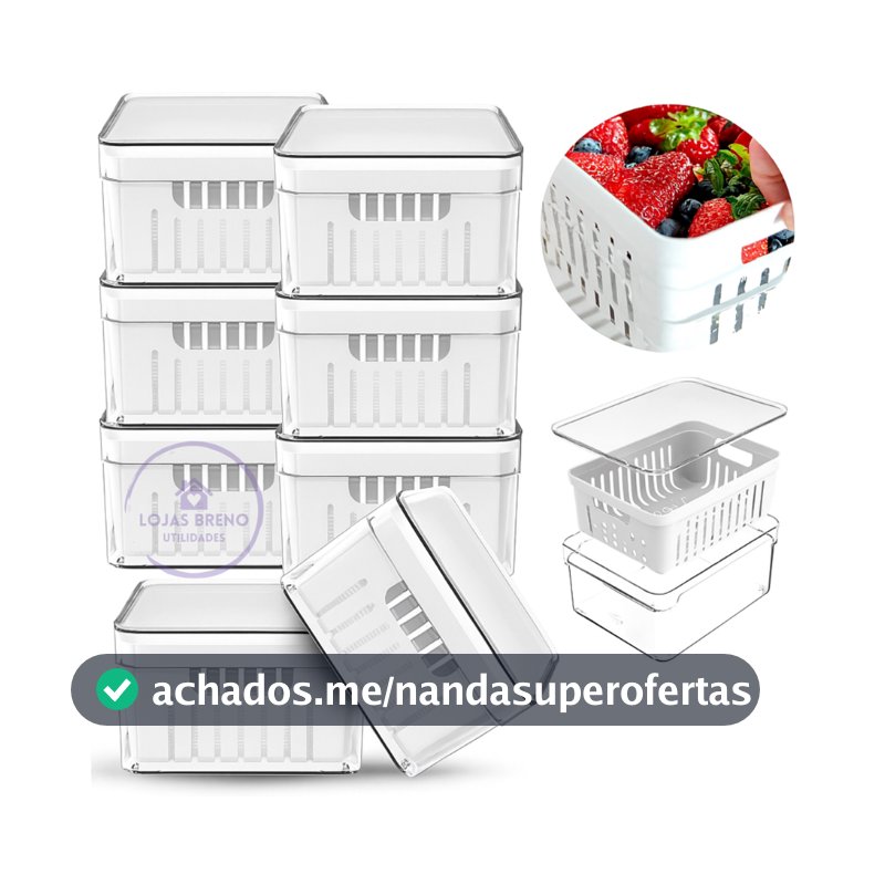 Kit 8 Potes Organizador Geladeira Acrílico com Tampa e Cesto Lavagem 1,36L Verduras Frutas Vegetais