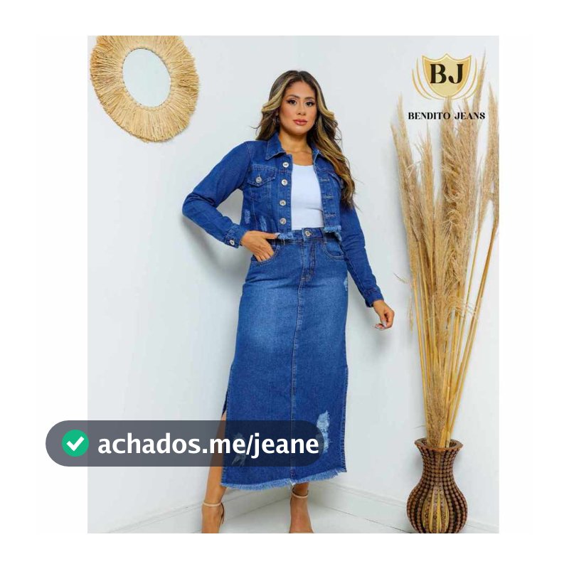 Conjunto Jaqueta Jeans Cropped e Saia Longuete com Fenda Lateral