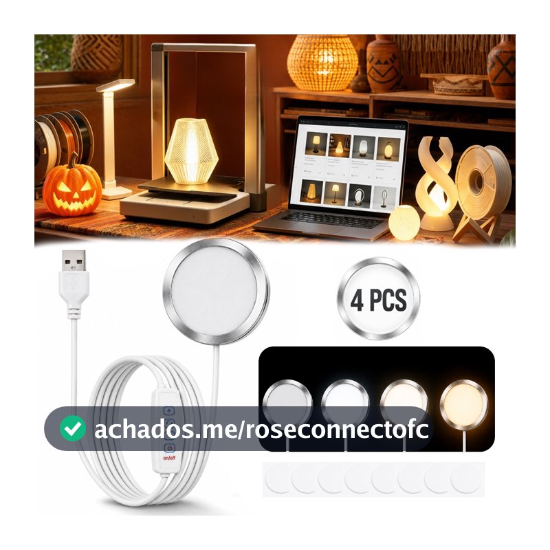 Kit Luz LED USB para Luminária 3D 4 Peças 3 Cores Dimerizável 10 Níveis 5V com Controle 1,5m