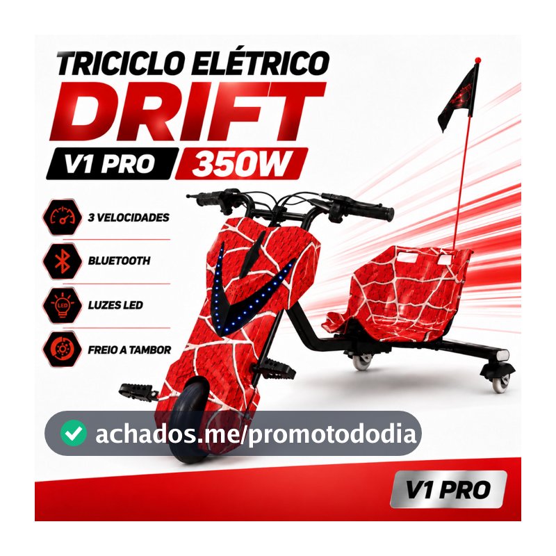 Triciclo Elétrico Drift V1 Pro 350W Brushless 3 Modos de Velocidade Pneu 8,5” Suporta até 80kg