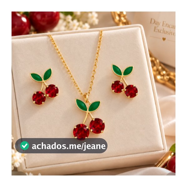 Conjunto Cereja Colar e Brincos  Feminino Delicados Cherry Luxo Folheados a Prata 925 e Ouro 18k