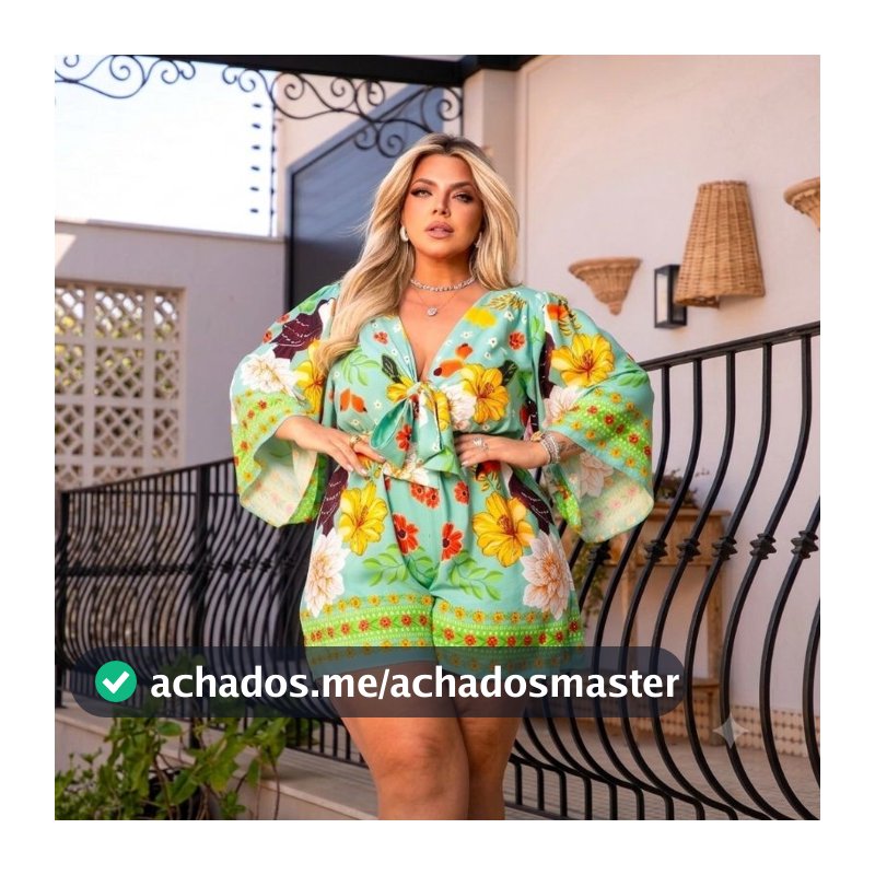 Macaquinho Plus Size Floral Amarração Decote V Manga Ampla Macacão Curto Feminino
