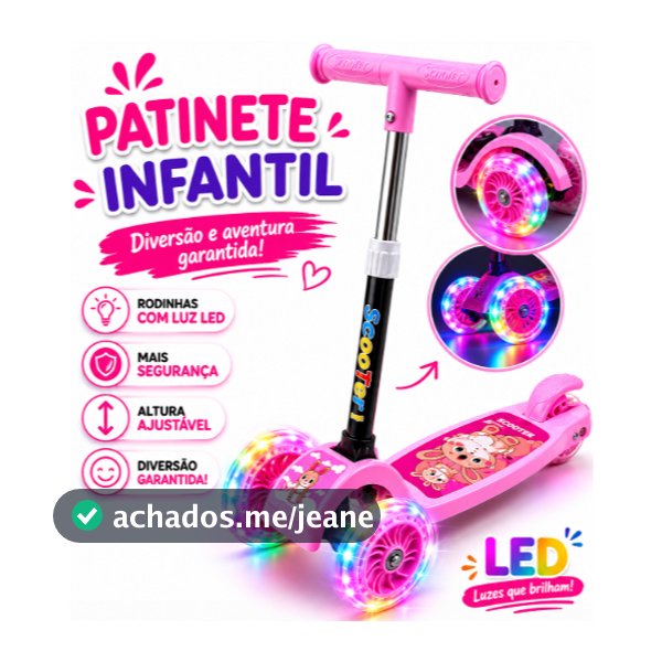 Patinete Infantil 3 Rodas De Led Luz Acende Dobrável Brinquedo Scooter Criança Rosa Multmaxx