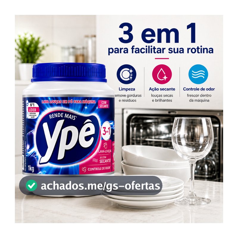 Sabão Detergente Lava Louças Ypê 1kg Máquina 3 em 1, ação secante e controle de odor.