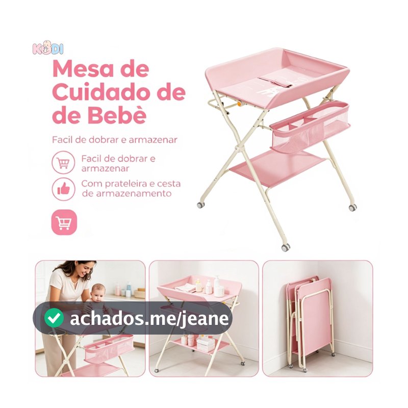 Mesa Trocador de Bebê Dobrável com Rodinhas , Ideal para Banho e Troca de Fraldas -P17