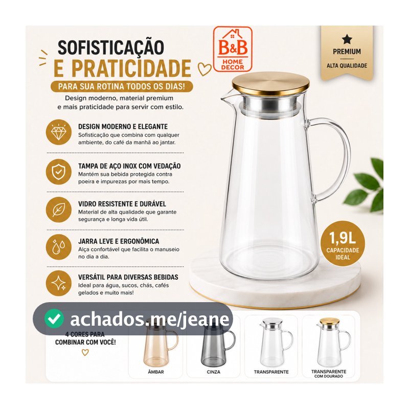 Jarra de Vidro com Tampa Inox e Filtro 1,9L Ideal para Água Suco e Chá Gelado