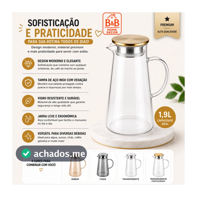 Jarra de Vidro com Tampa Inox e Filtro 1,9L Ideal para Água Suco e Chá Gelado