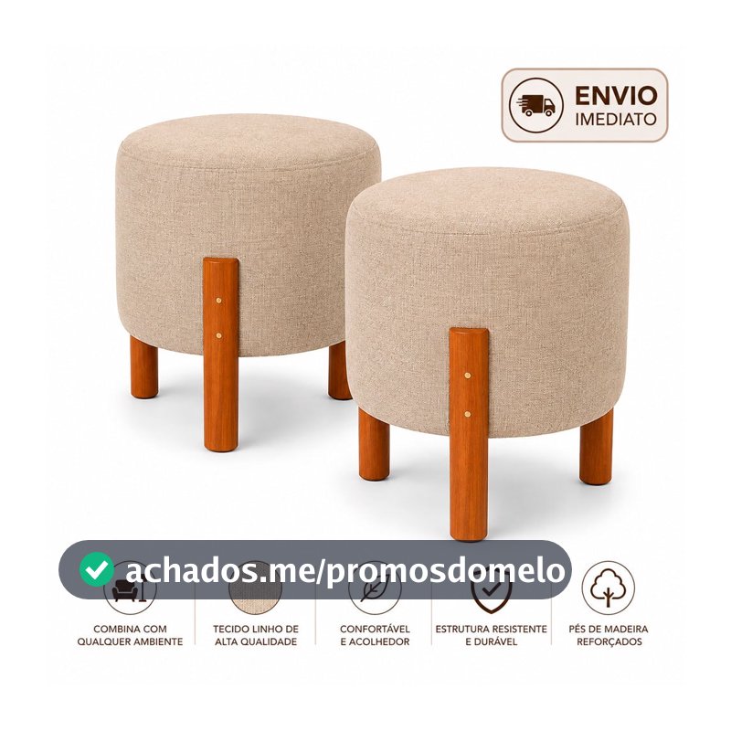 Kit 2 Puffs Redondos Decorativos com Pés de Madeira Linho Bege para Sala Quarto e Penteadeira