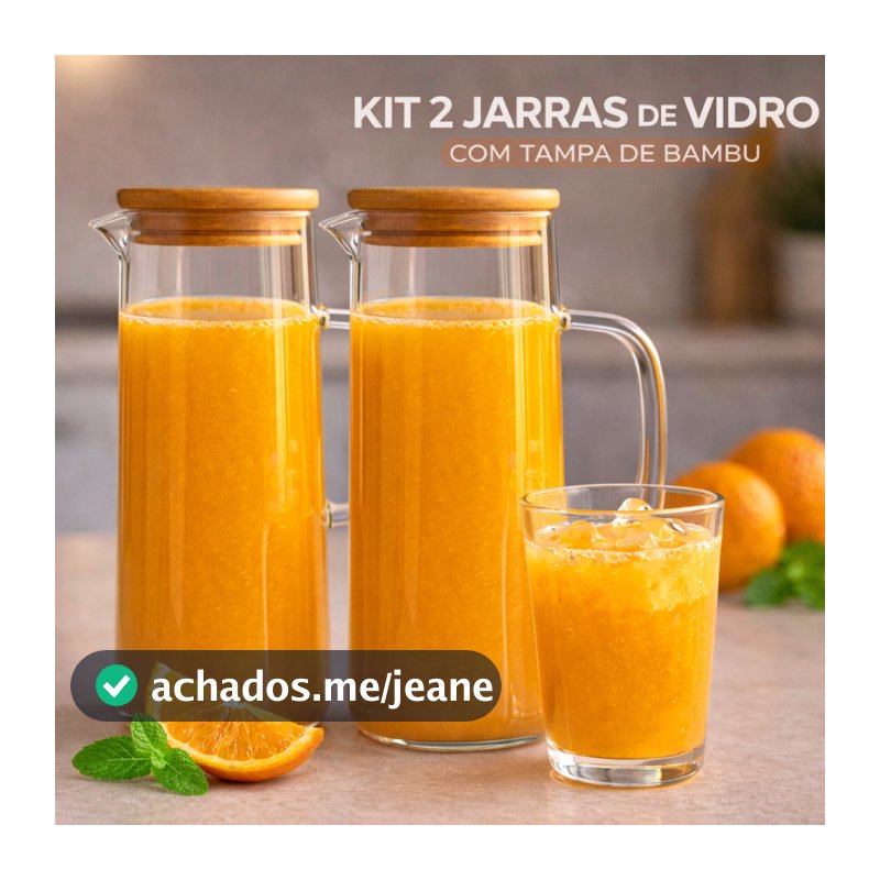 Kit com Duas Jarras de Vidro Borossilicato Transparente com Tampa Bambu Água Suco Bebidas Top Demais