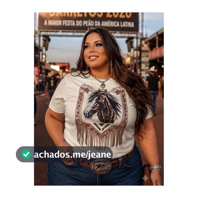 Atelier das Estampas Camiseta Feminina Cavalo Preto com Franges Estampa Moderna Elegante Estilosa Western