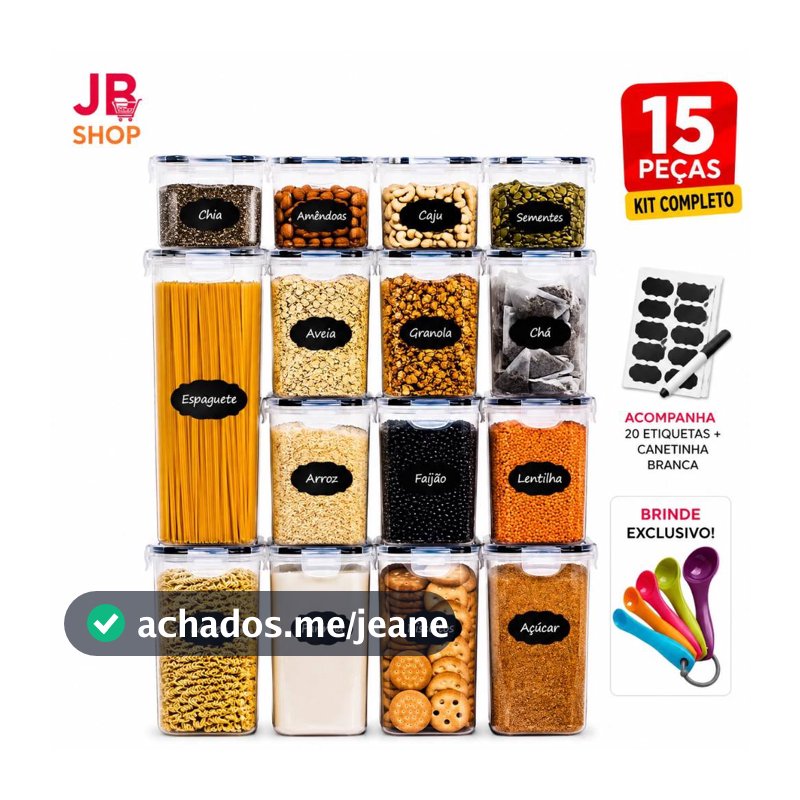 Kit 5, 10 ou 15 Potes Herméticos para Mantimentos Organizadores de Cozinha Tampa Hermética