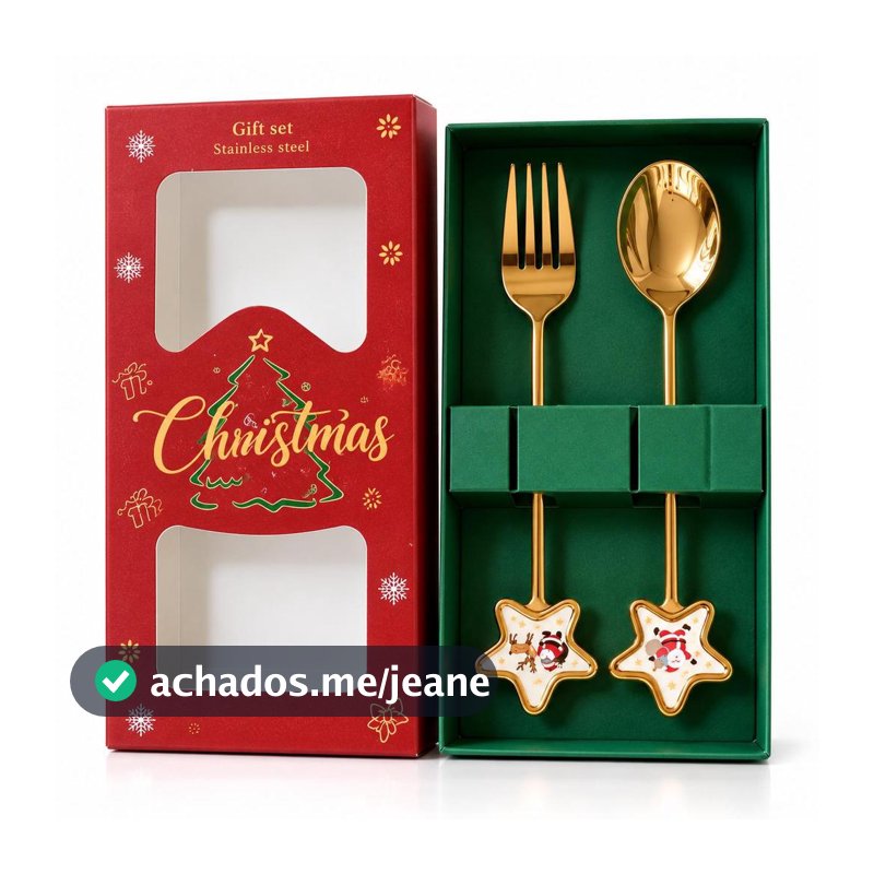 Kit 2 Talheres Natalinos Dourados Garfo e Colher 16cm Estrela Mesa Posta Sobremesa Caixa Presente
