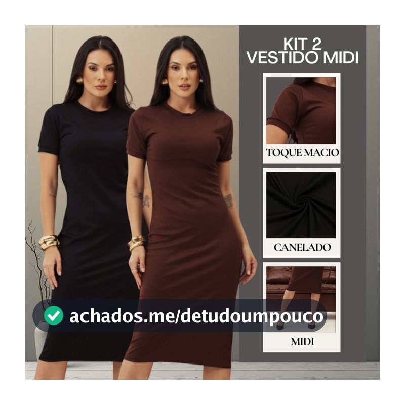 Kit 2 Vestido Canelado Midi Básico Trabalho Evangélica Casual Social Vestido Igreja Casamento