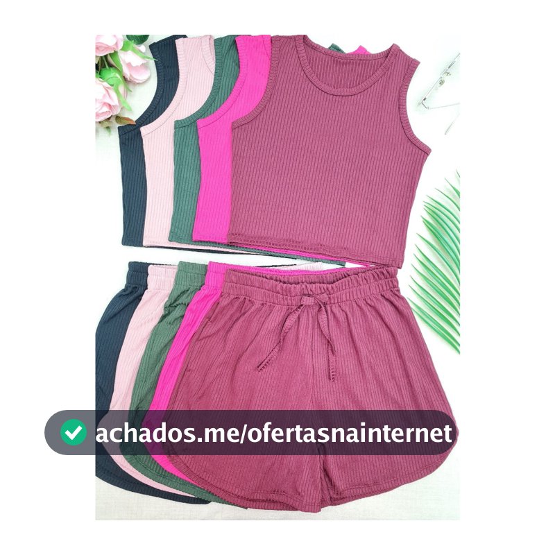 KIT5 Conjuntos Malha Canelada Cropped Top alça gross+Short Curto