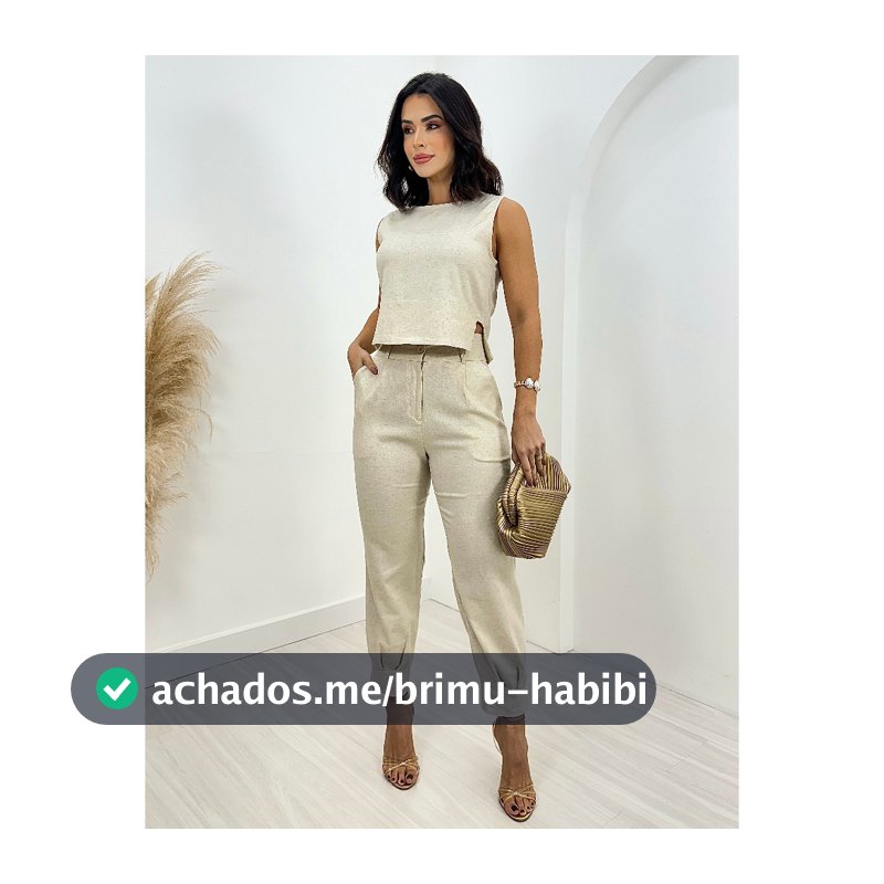 Conjunto Alfaiataria Feminino Advogada LINHO Calça Com Punho + Regata Com Detalhe Na Lateral
