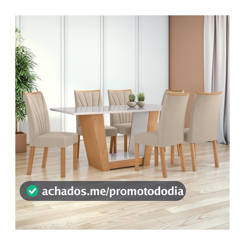 Mesa 1,70 Apogeu com Vidro e 6 cadeiras.Apogeu Veludo Naturale Creme Amêndoa Clean/Off White