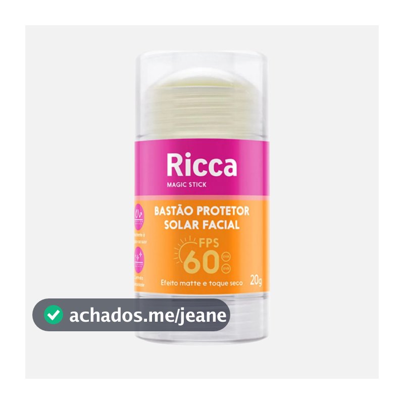 Bastão Facial Protetor Solar FPS 60 Ricca 20g Proteção Alta e Toque Seco Para Todos os Tipos de Pele