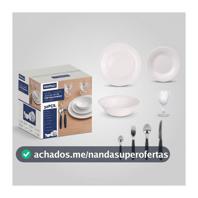 Jogo de Aparelho De Jantar 32 Peças Vidro Branco Com Talheres E Taças Diamond