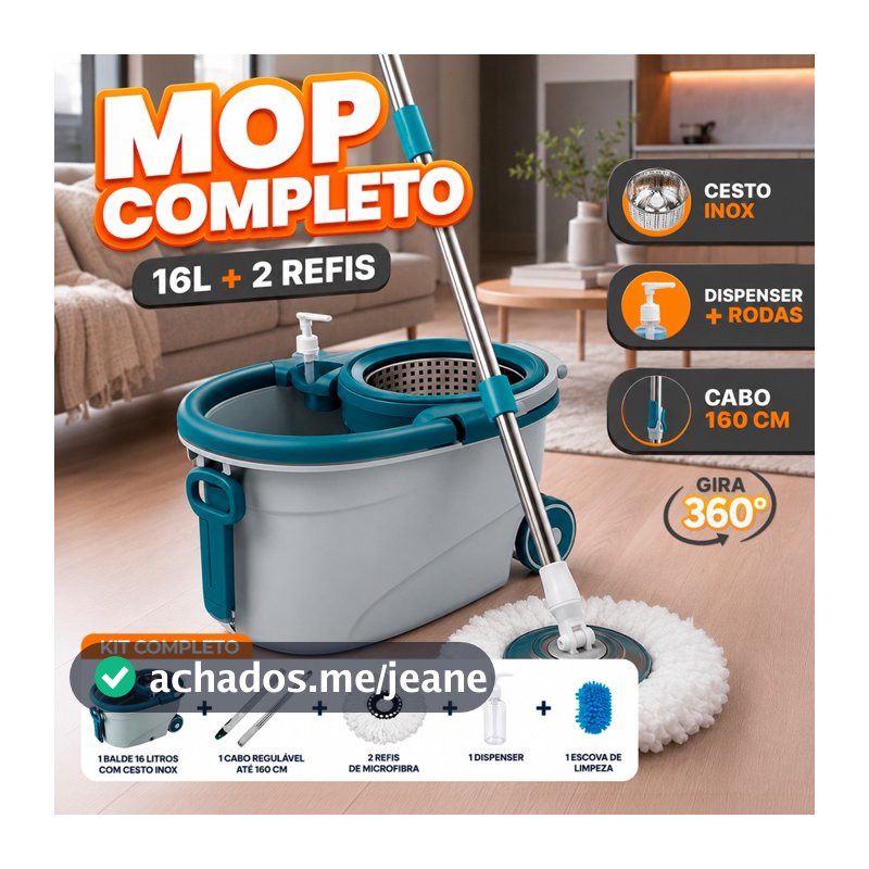 Mop Profissional Giratório 360° 16L Cesto Inox Rodas Dispenser Cabo 160cm + 2 Refis