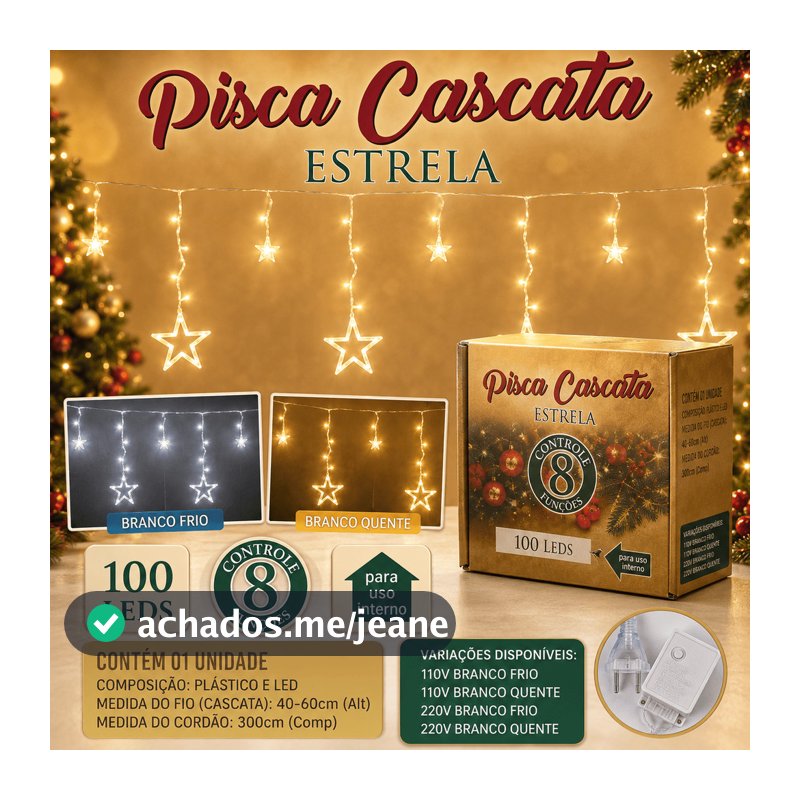 Cascata Estrela Pisca Pisca 100 LEDs 8 Funções 110V 220V Branco Quente Frio Luz de Natal Decoração Natalina Interna