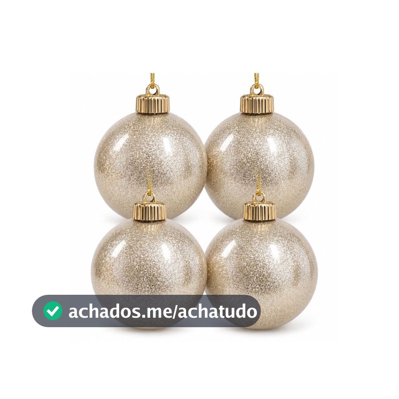 Kit 4 Bolas de Natal Glitter Champanhe Perolado Luxo 8cm com  Cordão Dourado