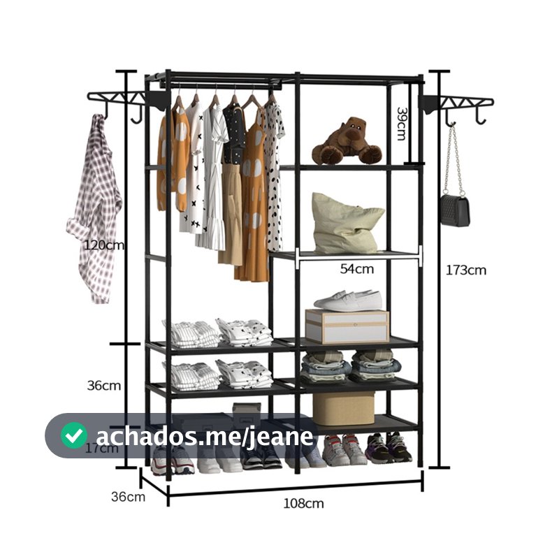 Arara Guarda Roupa 2 Divisórias De Portatil Roupeiro Multifuncional Organizador Rack Prateleira