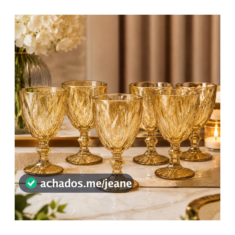 Conjunto de Taças Diamante Âmbar Metalizada / Transparente 330ml Decoração Gourmet Luxo Jantares Especiais Em Casa