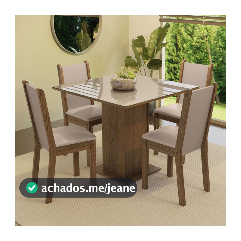 Conjunto Sala de Jantar Mesa Tampo de Vidro 4 Cadeiras Rustic/Crema/Bege Tifani Madesa