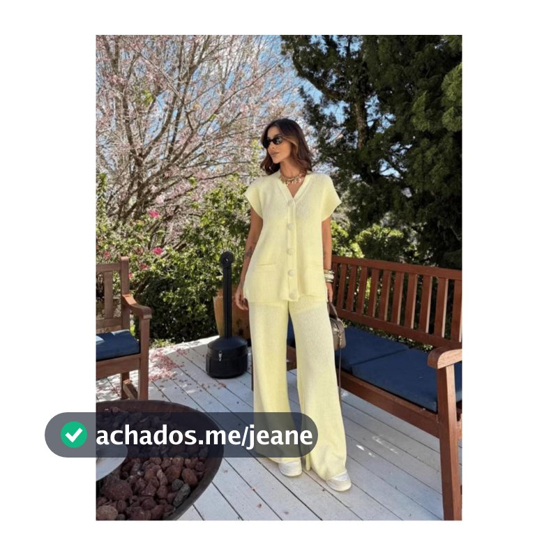 Conjunto Feminino Tricot Calça Pantalona e Max Colete Blusa Regata com Botões Kimono Tendência