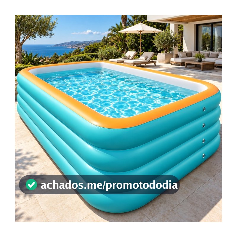 Piscina Inflável Grande 3200 Litros 300x175x68cm 4 Anéis Retangular Adulto Família Jardim Quintal Verão PVC