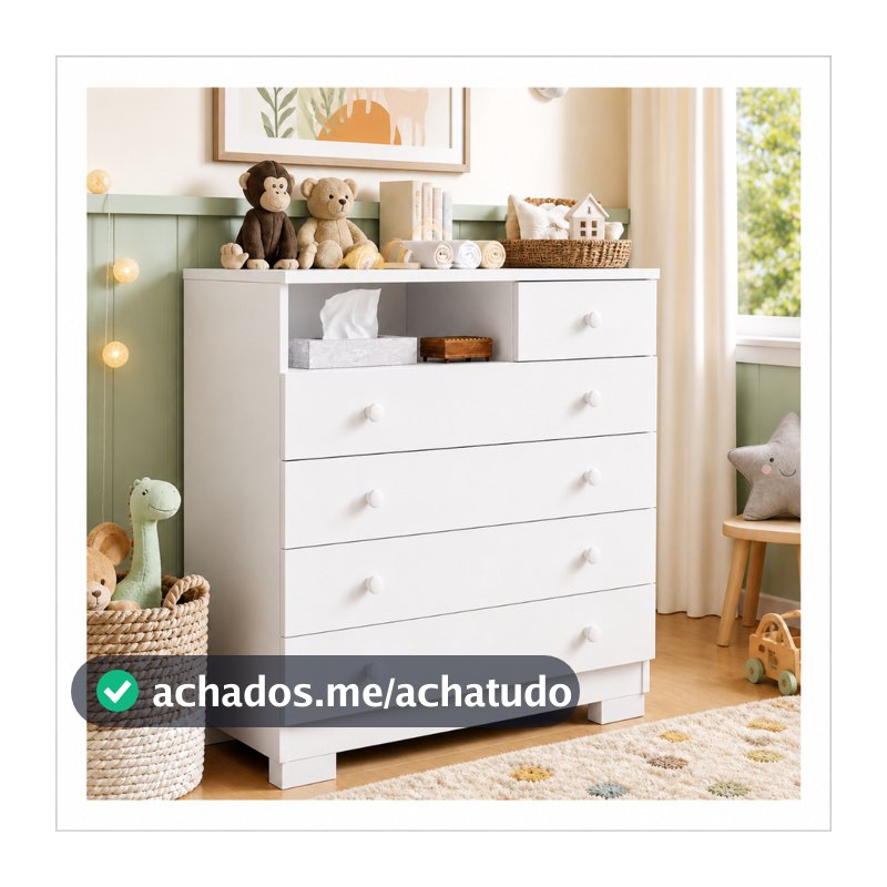 Cômoda Para Quarto Infantil 5 Gavetas Multiuso Com Nicho Organizador Roupas Criança Moderna Amora