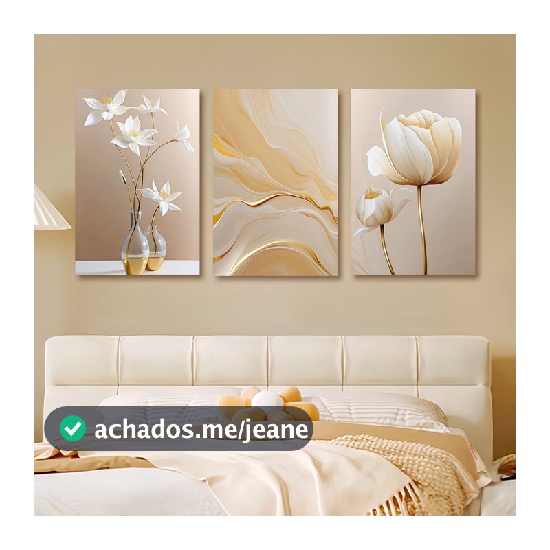 Quadro Decorativos Quarto  Flores Brancas Tons De Areia Quente  Quadros Decorativos 3 Peças