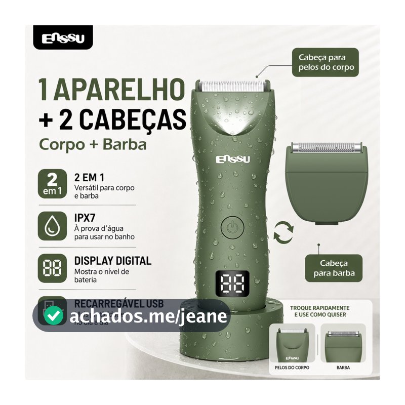 Barbeador e Aparador de Pelos 2 em 1 Corpo Barba Virilha IPX7 Recarregável USB LED Sem Fio