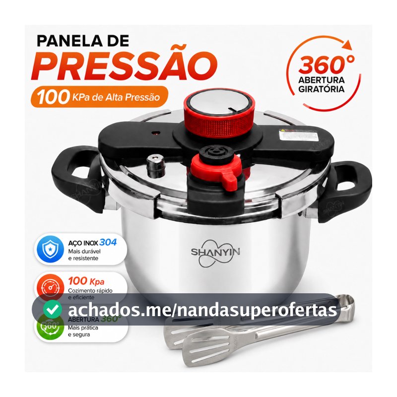 Panela de Pressão Inox 304 6 e 10 Litros 100kPa Cozinha Rápida para Indução e Gás com Pinça para alimentos Inox